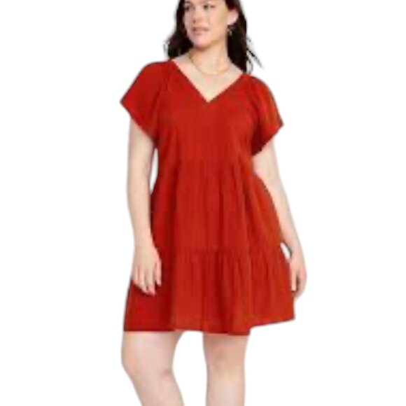 Old Navy NWT Tiered Cotton Mini Dress, Pockets, Red Brown, XLT - Picture 1 of 7
